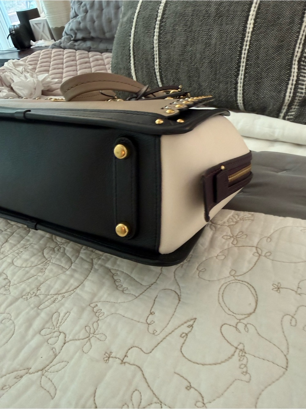 Coach Taupe and Black Leather Satchel with Gold Hardware - Picture 8 of 14
